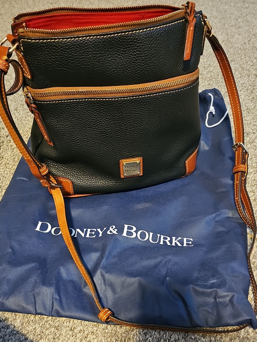 Dooney & Bourke Black Pebbled Leather Crossbody with Tan Trim and Red Interior